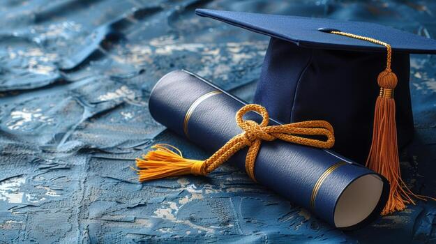 a-blue-graduation-cap-rests-beside-a-neatly-rolled-diploma-tied-with-gold-cord-photo